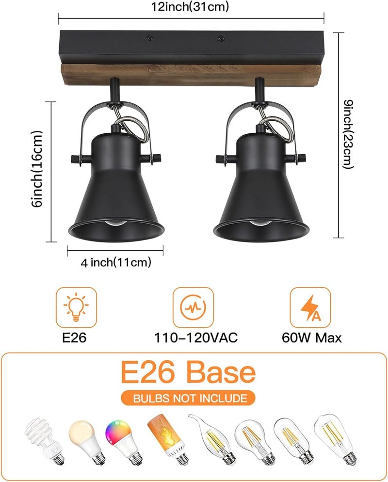 SEEBLEN 2-Light Track Light Fixtures, Adjustable Ceiling/Wall Mount, Industrial Black Kitchen Track Lighting for Living Room, Dining Room, Hallway, Bathroom - Image 4